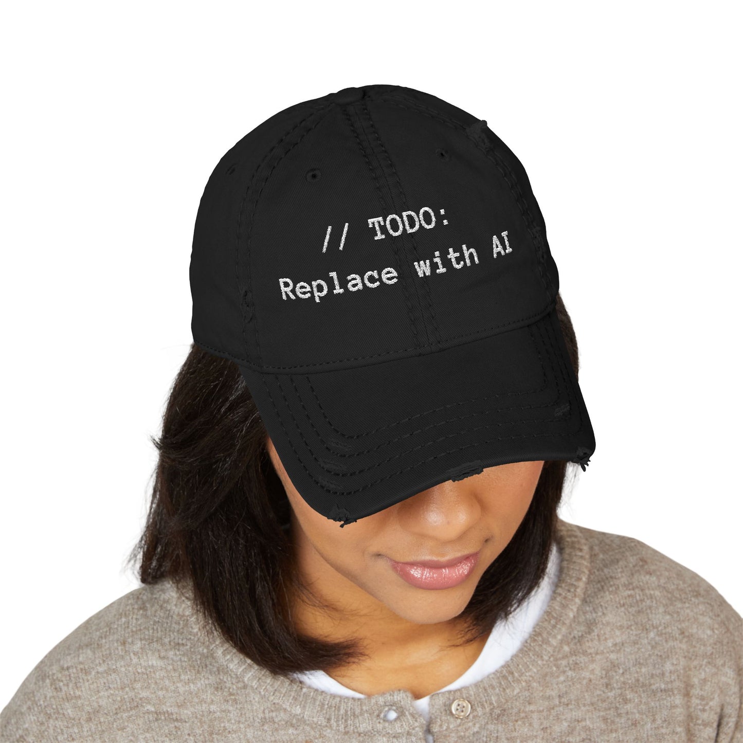 Distressed Dad Hat - 'Replace with AI' Embroidered Cap for Tech Lovers