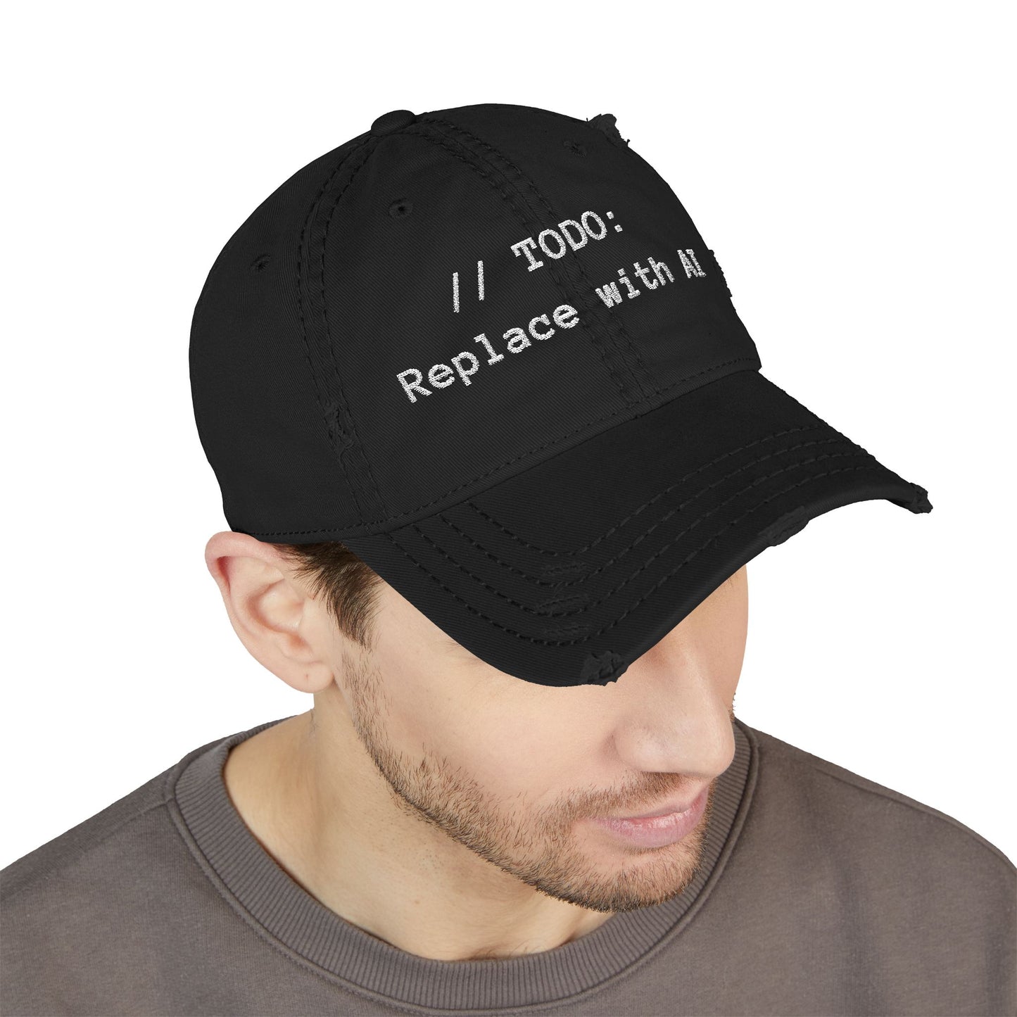 Distressed Dad Hat - 'Replace with AI' Embroidered Cap for Tech Lovers